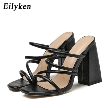Eilyken Sexy Catâri pantofi femei cu toc Pătrat papuci Femei Vara tocuri inalte Square toe Slide-uri Doamnelor pantofi Alb Negru