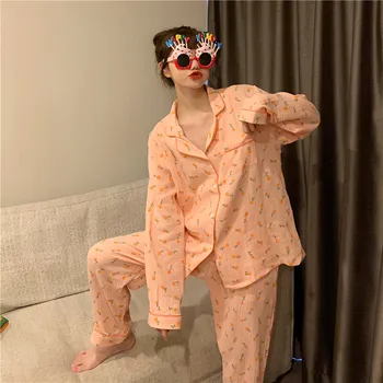 Confortabil moale bumbac acasă costum de kumquat print sleepwear dulce crep camasi cu maneci lungi pantaloni de pijama set de două piese Y045