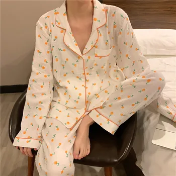 Confortabil moale bumbac acasă costum de kumquat print sleepwear dulce crep camasi cu maneci lungi pantaloni de pijama set de două piese Y045