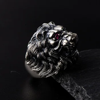 Veritabil 925 Sterling Silver Lion King Ring Pentru Bărbați, Cu Ochii Rosii Incrustate CZ Piatra Animal de sex Masculin Inel Bijuterii Fine