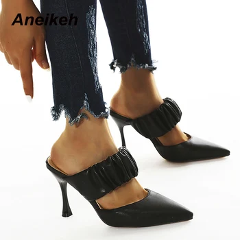Aneikeh 2020 Vara NOI de Moda Elegant Casual Pantofi de Nunta PU Tocuri Subtiri Pompe Cutat Subliniat Toe Slip-On Pantofi Negru