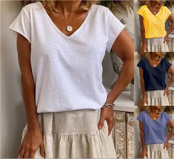 2020 Primăvara și Vara Noi Femei Vrac V-gât cu Mâneci Scurte Culoare Solidă tricou Femei de Top