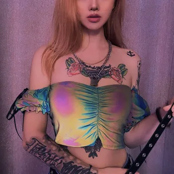Femei V-Gât Sexy Holografic Bralette Tricouri Curea Reflectorizante Moda Camis Fierbinte De Vară 2020 Fără Mâneci Fara Spate T-Shirt