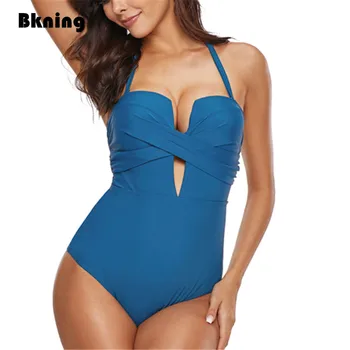 Sexy Adânc V-O singură Bucată de costume de Baie Costum de baie cu Tampoane pentru Femei 2019 Halter Bandaj Backless de Baie Solid Albastru Plus de Dimensiuni Mari 3XL