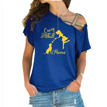 Nebun Pitbull Mama Imprimare Woment bluza de Vara din Bumbac Femeie Neregulate Oblic Cruce Topuri