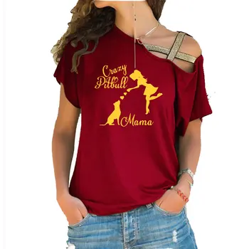 Nebun Pitbull Mama Imprimare Woment bluza de Vara din Bumbac Femeie Neregulate Oblic Cruce Topuri