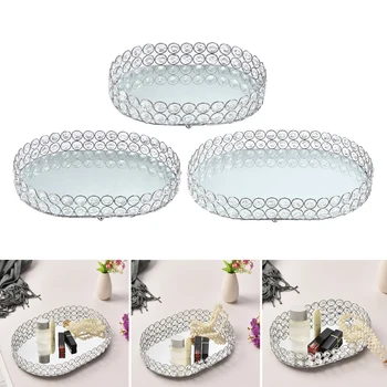 Metal Argint Oval Forma De Servire Masă De Toaletă Decorative Tava Sticla Oglinda Bază