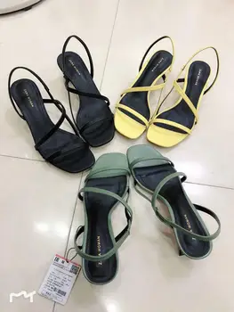 Același Conceput Sandale Pentru Femei Cruce Verde Legat de Vara Noi 2020 Med Toc Square Toe pantofi de damă