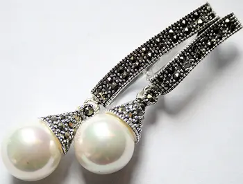 925 de bijuterii de argint marcasite 12mm alb Coajă perla Picătură Cercei