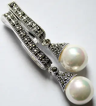 925 de bijuterii de argint marcasite 12mm alb Coajă perla Picătură Cercei