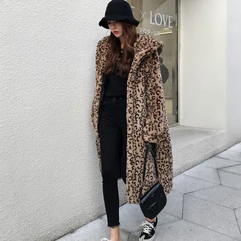 Iarna noua haină de blană femei leopard cu gluga lungi peste genunchi haina imitație de blană de nurcă liber jacheta lady Agrement leopard de imprimare strat