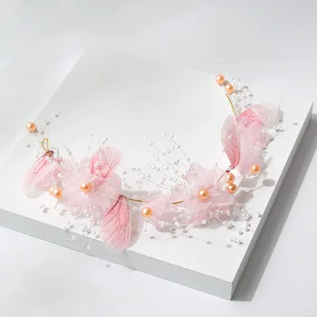 Fluture roz de mireasa frizură alb-roz floare hairband Cercei Set Nunta bijuterii de Păr