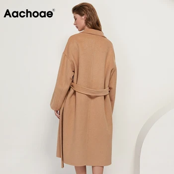 Aachoae Femei Straturi 2020 Iarna Lână Haină Lungă Cu Centura De Culoare Solidă Side Split Jacheta Batwing Maneca Lunga Buzunare Palton