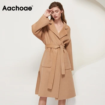 Aachoae Femei Straturi 2020 Iarna Lână Haină Lungă Cu Centura De Culoare Solidă Side Split Jacheta Batwing Maneca Lunga Buzunare Palton