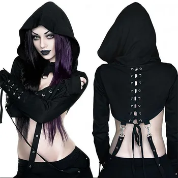 Negru goth hanorac butonieră curea crop top tricou gotic festival blusa moletom feminino 2019 Halloween gotico punk poleron