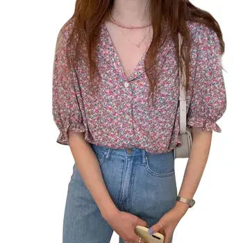 MISSKY Femei Tricou Scurt maneca V Gat Bluza de Vara Retro Stil Romantic Floral Mic Costum Camasa cu Guler Feminin Topuri Noi