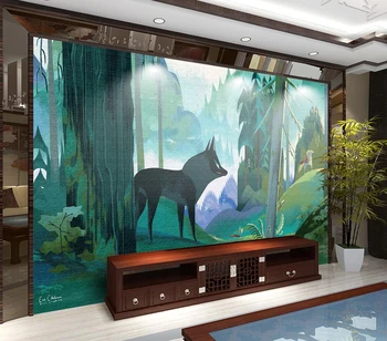 Tapet decorativ pictat manual pădure de fundal Lup pictura pe perete