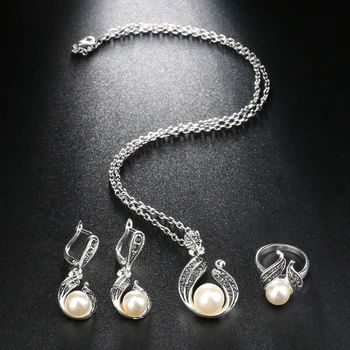 3Pcs Perla Seturi de Bijuterii Pentru Femei de Argint de Culoare Hollow Out Picătură de Apă Colier, Cercei Si Inel Vintage Nunta Bijuterii Set