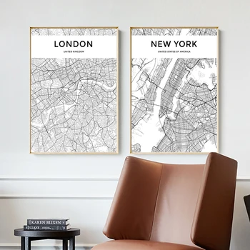 Lumea în Alb și negru Hartă a Orașului Paris, Londra, New York Poster Stil Nordic Living Arta de Perete Tablou Canvas Tablou Decor Acasă