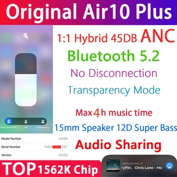 Air10 Plus TWS Wireless Bluetooth 5.2 Cască 45DB Hibrid ANC Pavilioane Super Bass 1562K PK H1 1562H 1562A i900000 MAX Air13 Plus