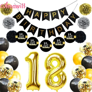Amawill Sărbători 18 Decoratiuni Partid Pentru Black Fericit Ziua de nastere Banner Aur Număr de 18 Baloane Folie Latex Confetti Globos