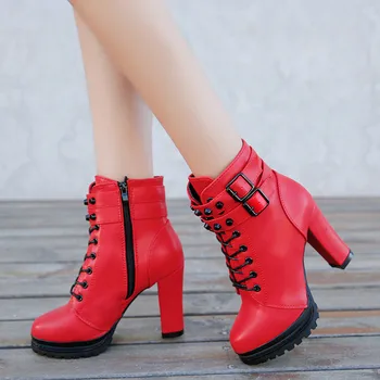 Femei Cizme Scurte Cu Toc Înalt Pantofi Nit Cizme De Iarna Din Piele Dantela-Up Culoare Solidă Rotund Toe Pantofi Pentru Femeie Cizme De Iarna Botas Mujer