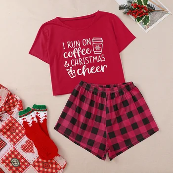 2020 Casual Amuzant De Crăciun Scrisoare De Imprimare Maneca Scurta Tricou Carouri Pantaloni Scurți De Crăciun Femei Seturi De Pijama Dropshipping