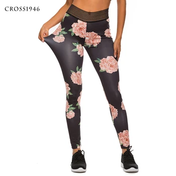 CROSS1946 Florale Imprimate Pantaloni de Yoga de Fitness Sport Funcționare Jambiere Talie Mare Push-Up Sportwear Respirabil Pantaloni Cu Buzunar