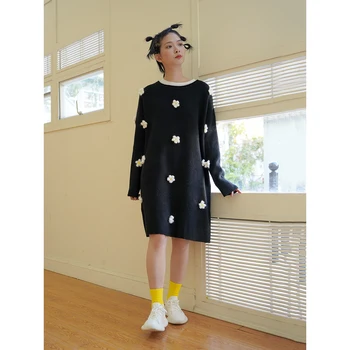 Imakokoni lână punct de val pulover pulover feminin design original cald gât rotund mid-lungime rochie de toamnă și de iarnă