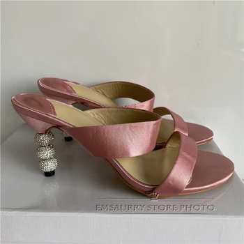 Satin roz O curea Sandalias Mujer 2021 New Sosire ștrasuri din Mărgele cu Toc Sandale Gladiator Femei sandale Pantofi de Vara pentru Femeie
