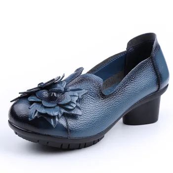 New Sosire 2020 Femei Toamna Primavara Din Piele Low-Toc Gros Pantofi Handmade Flori Vintage Pantofi De Piele De Vacă Femeie Pompe