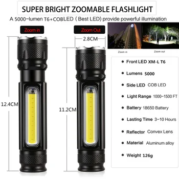 6000LM Multifunctionala Lanterna LED-uri USB baterie Reîncărcabilă Puternică T6 lanterna Partea COB Lumina linterna coada magnet Lumina de Lucru