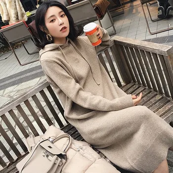 Toamna Iarna Nou Moda coreeană cu Gluga Pulover Lung Rochie de Lungime Midi Casual Liber de Bază Gros Tricotate Rochii Doamnelor halat trage