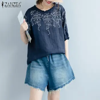 Moda O Gât Bumbac Tunica pentru Femei Bluza de Vara ZANZEA 2021 Cauzalitate Jumătate Maneca Tricou Tricouri Femei Broderie Topuri Plus Dimensiune 5XL