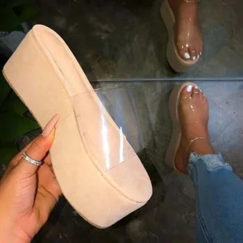 Sandale cu platforma pentru Femei Pantofi Noi Bling Toc Pompe Pene Sandale Diapozitive Papuci de casă Peep Toe Pantofi de Vara pentru Femei Încălțăminte