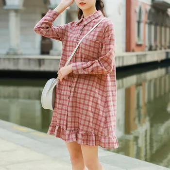 2021 Stil Preppy Primavara Toamna Femei Rochie Mini Turn-Down Guler Carouri Camasa Casual Rochie Coreeană Dulce Lenjerie De Pat Din Bumbac Volane Rochie