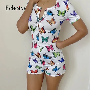 Echoine 2020 Sexy Femei Salopeta Sleepwear Moda Floral Short Sleeve V Neck Bodycon Onesies Bodysuit Romper Pantaloni Scurți Pantaloni