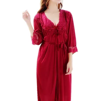 Roșu de moda de lux dantela satin halat de mătase & rochie de seturi de două bucăți halat de baie + cămașă de noapte domnișoare de onoare de nuntă, îmbrăcăminte de noapte pentru femei