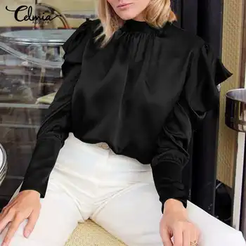 Femei Topuri si Bluze 2021 Celmia Primăvară Lungă Puff Maneca Elegant de Birou OL Tricouri Casual Solid Satin Blusas Îmbrăcăminte pentru Femei