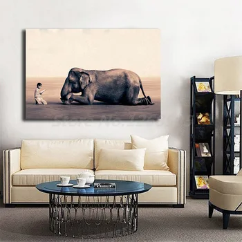 Cenușă Și Zăpadă Băiat de Lectură la Elefant Pictura Panza de Imprimare Living Home Decor Modern Arta de Perete Pictură în Ulei Poster