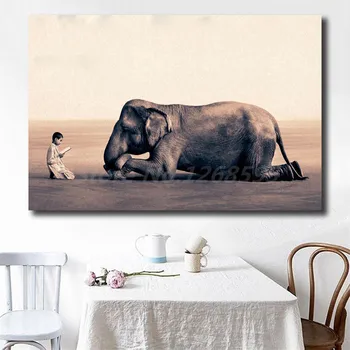 Cenușă Și Zăpadă Băiat de Lectură la Elefant Pictura Panza de Imprimare Living Home Decor Modern Arta de Perete Pictură în Ulei Poster