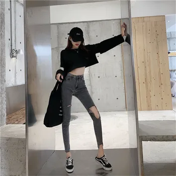 Șansă reală 2019 noua moda retro slim slim talie inalta blugi femei gaura split furculita casual picioare blugi