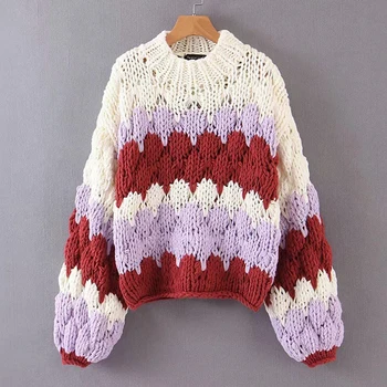 TEELYNN Mână-tricot pulover pentru femei dungi Colorate liber pulovere calde 2019 minge de iarna cu maneca lunga pulover pulovere groase