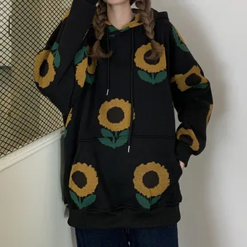 Toamna Stil Harajuku Tricoul De Floarea-Soarelui Imprimare Femei Maneca Lunga Cu Gluga Liber Pulovere Streetwear Casual Buzunar Hanorace Bluze