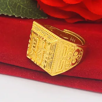 Cupru placat cu aur pătrat bărbați inel Reglabil dimensiune Inel de Nunta Inel de Logodna Cu Avere/ Noroc/ Avere Caracter Chinezesc