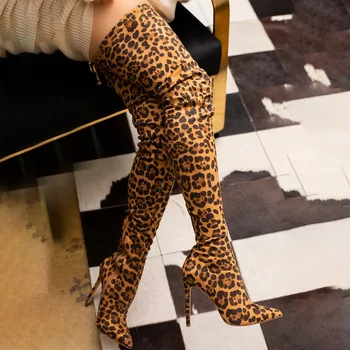 2020 Femei Coapsei Cizme Înalte cu Toc Leopard Întinde Ciorap Slip-on Cizme de Iarna femeie Sexy, Peste Genunchi saboții de