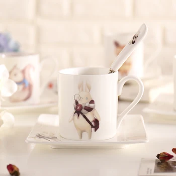 INS FIERBINTE WUNI Basme Kawaii Desene animate Bone China Cafe Cup Kit Antena Ceramica de Cafea Cana de Ceai Tava Set de Lingura de Pahar Placă Pătrată