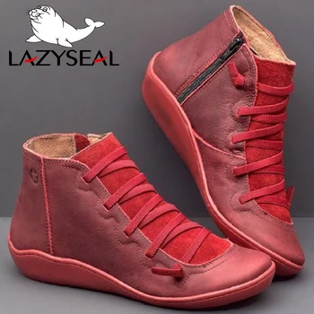 LazySeal Moale din Piele Glezna Cizme Toamna Vintage Dantela Sus Pantofi pentru Femei cu Toc Plat Cizme de sex Feminin cu Fermoar Cizme Scurte de dimensiuni Mari 35-43