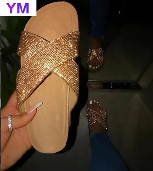 Femei Vara Sandale de Doamnelor Strălucitoare Glitter Cristal de sex Feminin Casual în aer liber Beach Sandal Femei Alunecare pe Pantofi Plat Paiete