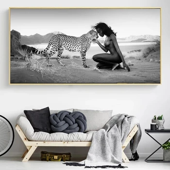 Om și Natură Postere si Printuri de Leopard de Zăpadă și Femei Nud Tablouri Canvas Wall Art Cuadros Imagini pentru Living Decorul Camerei